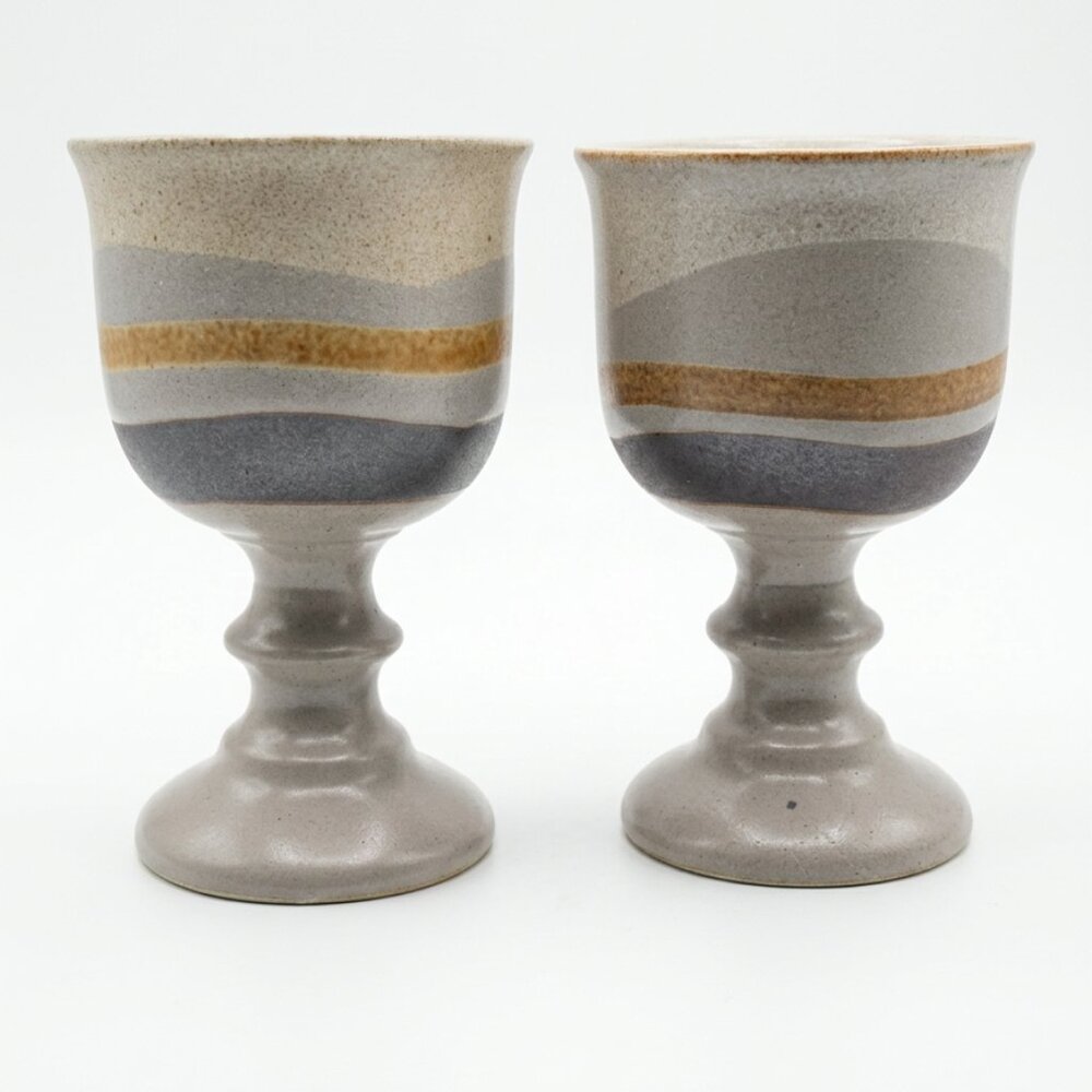 Vtg Otagiri Japan Stoneware Goblets Set of 2 Blue Brown Grey Wine Pottery MCM